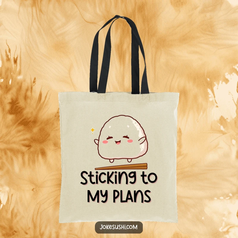 Funny tote bag illustrating a winking onigiri character leaping over a chopstick, perfect for stylishly carrying items with a touch of comedic flair.