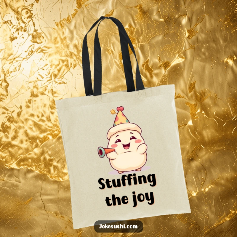 Funny dumpling tote bag with a grinning character, party hat, and horn, ready for any celebration. A stylish and humorous accessory.