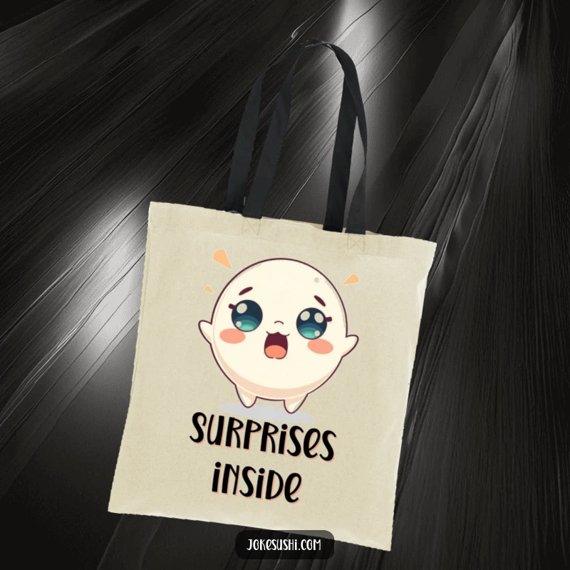 Funny mochi tote bag with a surprised character energetically bouncing, perfect for carrying essentials with spirited fun. A stylish and humorous accessory.