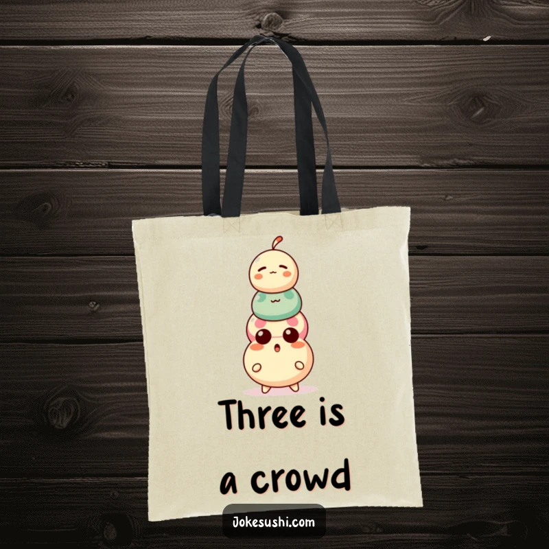 Funny Dango Tote Bag: A surprised dango character balancing on a precariously stacked three-ball treat, cute and functional.